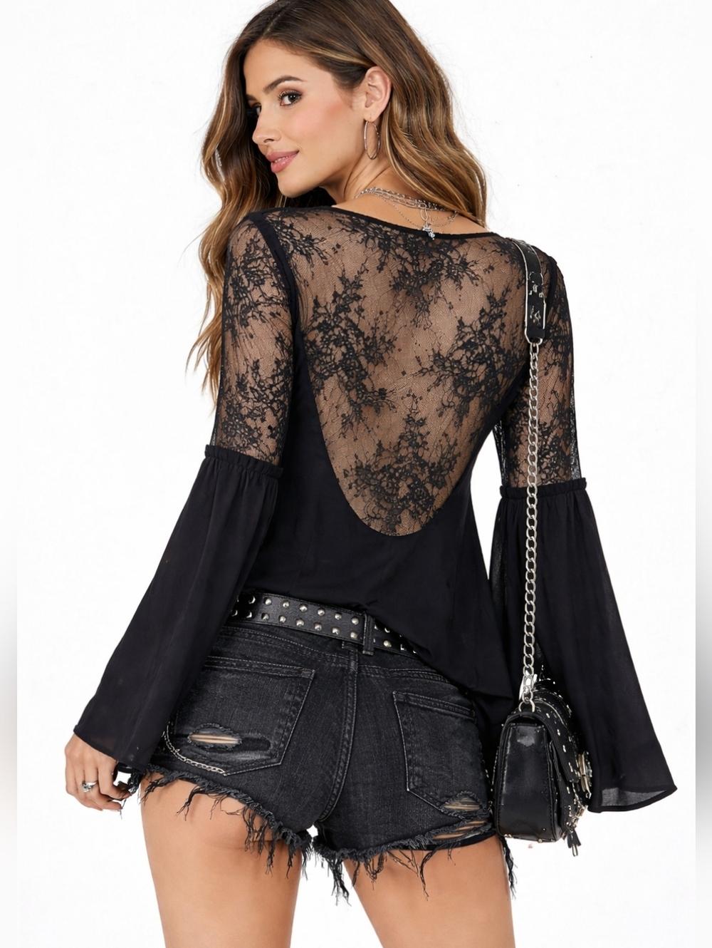 Liu.Jo Milano Shirt Top Blouse Black Bell Sleeves Lace Flowy Whimsigoth Witchy